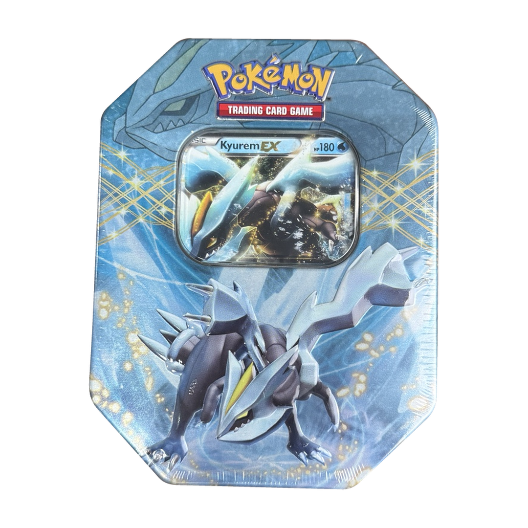 Sealed English Kyurem EX collector tin, front view with promo card