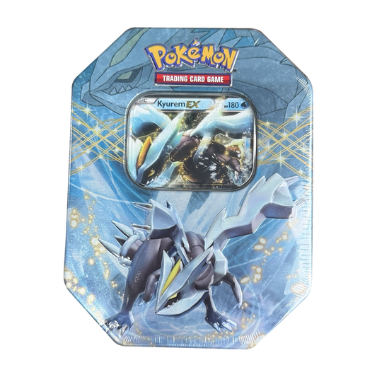 Sealed English Kyurem EX collector tin, front view with promo card