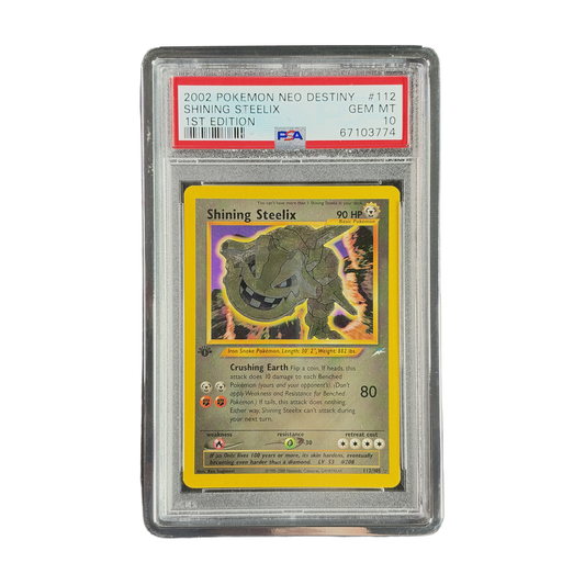 PSA 10 Neo Destiny Shining Steelix #112/105 1st Edition (IRL cutout PNG 2026-10-07 IMG_7120)