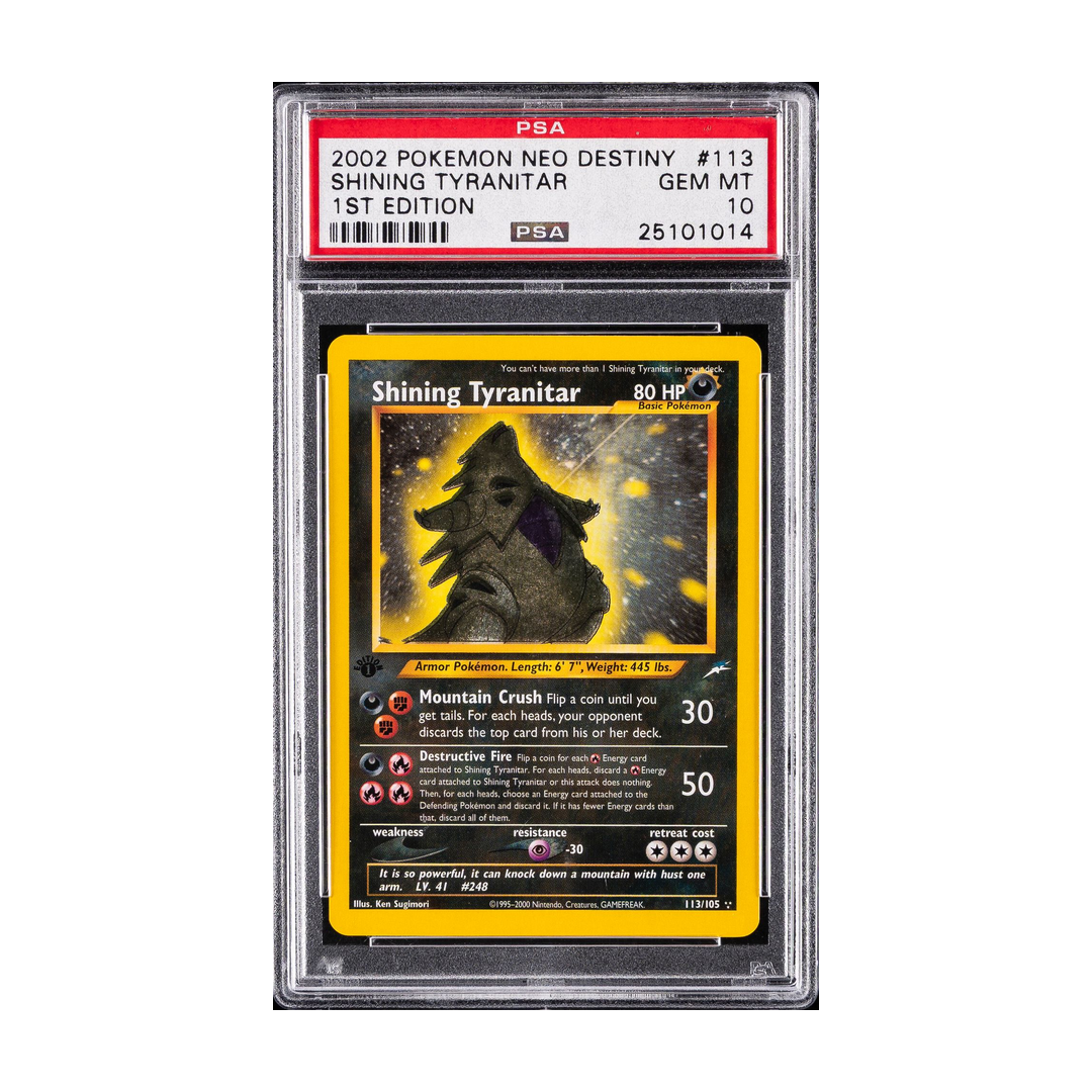 2002 Pokemon Neo Destiny Shining Tyranitar #113 1st Edition PSA 10, certificate 25101014 - front