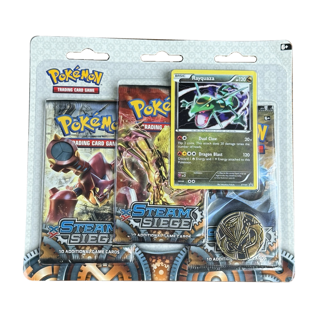 Sealed XY Steam Siege three-pack blister with Rayquaza XY141 promo card