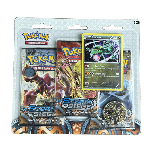 Sealed XY Steam Siege three-pack blister with Rayquaza XY141 promo card